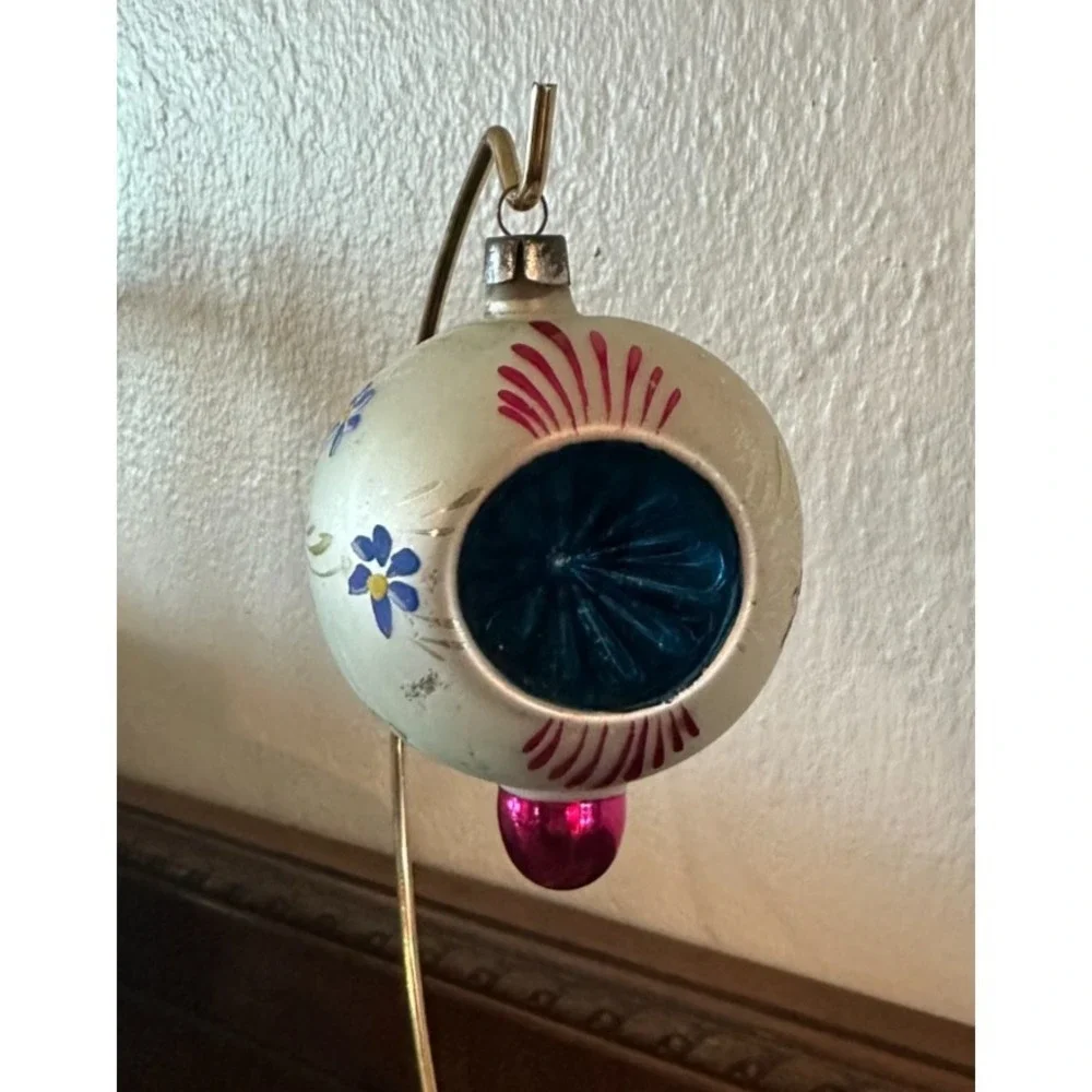 German‎ Blown Mercury Glass Blue Double Indents Drop Ball Xmas Ornament 3.5